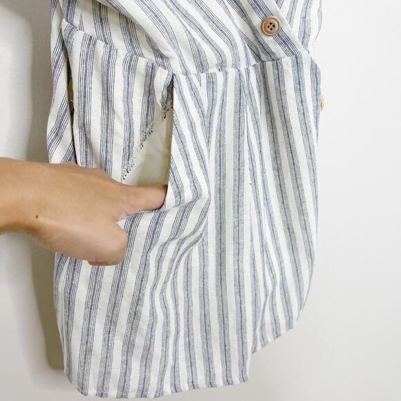 Lunik Small S Blue Cream Striped Button Detail Romper Cotton Blend VNeck Pockets - Picture 5 of 11